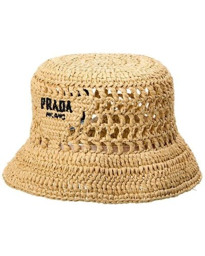 Prada Logo Raffia Bucket Hat - Natural