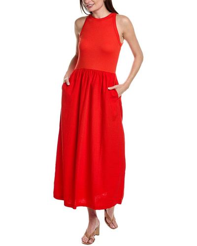 Stateside Mixed Media High-neck Linen-blend Maxi Dress - Red