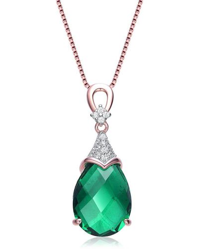 Genevive Jewelry 18k Rose Gold Vermeil Cz Teardrop Pendant Necklace - Green
