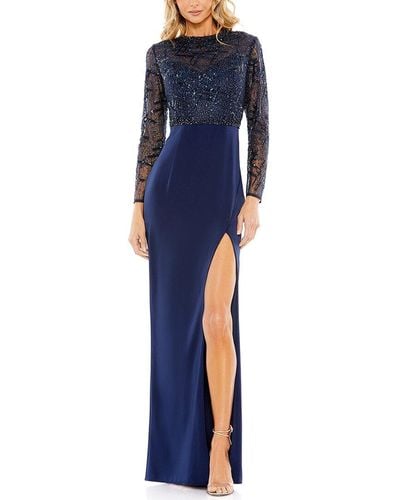 Mac Duggal Embellished High-Heck Bodice Faux Wrap Gown - Blue