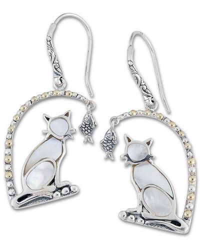 Samuel B. 18k Over Silver Pearl Cat & Fish Earrings - White