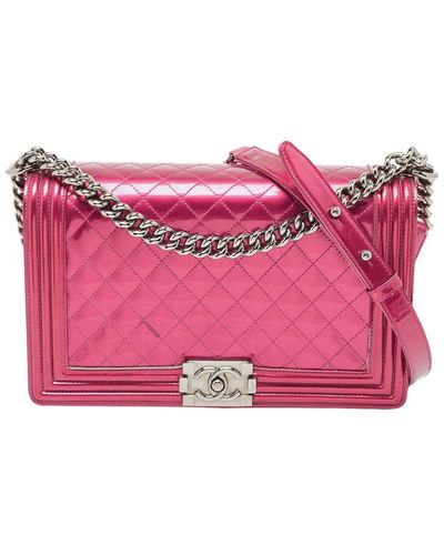 Chanel Quilted Patent Leather New Medium Boy Double Flap Bag (Authentic Pre-Owned) - Pink