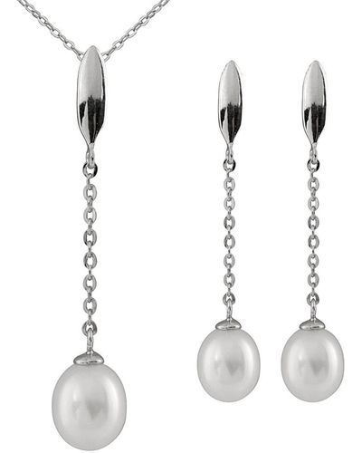 Splendid Rhodium Plated 7-9mm Pearl & Cz Necklace & Earrings Set - White