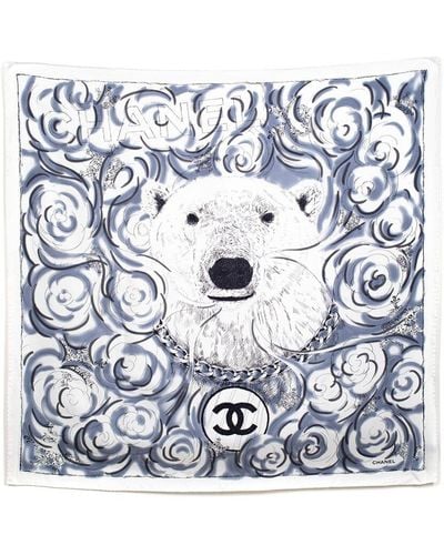 Chanel Limited Edition Polar Bear Camellia Silk Scarf (Authentic Pre-Owned) - Blue