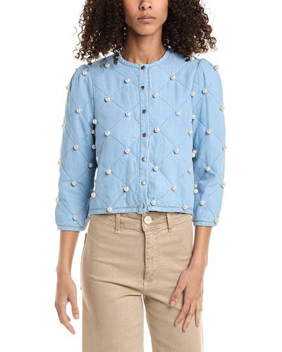 Stellah Pearl Embellished Quilted Jacket - Blue