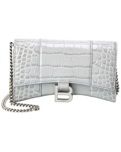 Balenciaga Hourglass Croc-embossed Leather Wallet On Chain - Grey