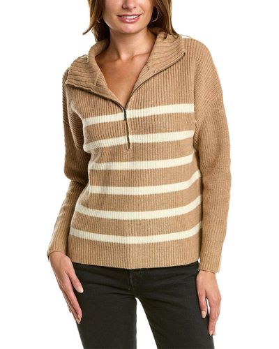 Forte Striped Rib Mock Neck Wool & Cashmere-blend 1/2-zip Sweater - Natural