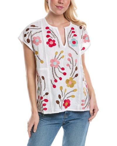 Johnny Was Joni Easy Panelled V Neck Linen Top - Red