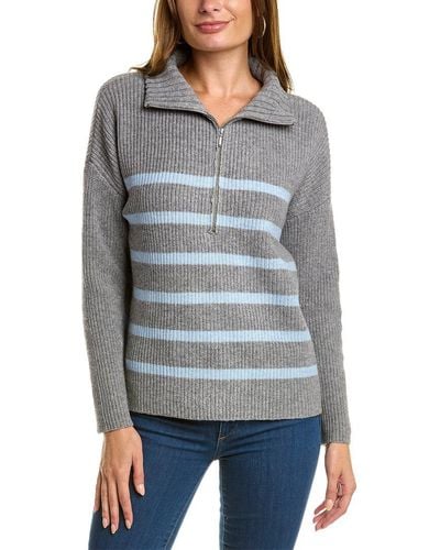 Forte Striped Rib Mock Neck Wool & Cashmere-blend 1/2-zip Sweater - Gray