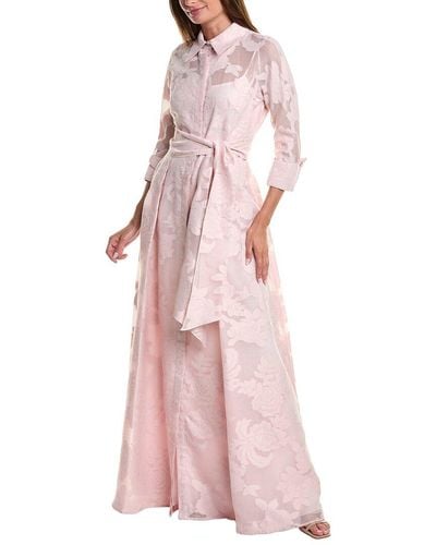 Teri Jon Jacquard Lace Shirt Gown - Pink
