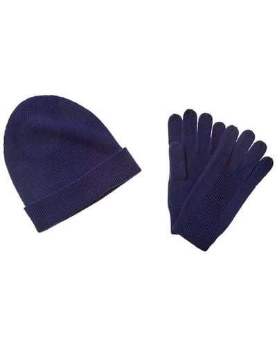 Qi Cashmere 2pc Ribbed Cashmere Hat & Glove Set - Blue