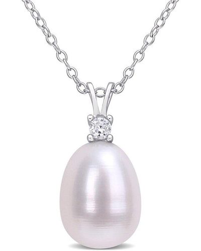 Rina Limor Silver White Sapphire 8-8.5mm Pearl Drop Pendant Necklace