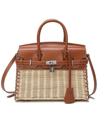 Tiffany & Fred Paris Smooth Leather & Straw Top Handle Satchel - Brown