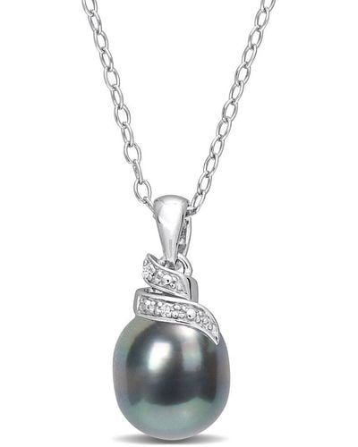 Rina Limor Silver 0.01 Ct. Tw. Diamond 8-9mm Pearl Pendant Necklace - Blue