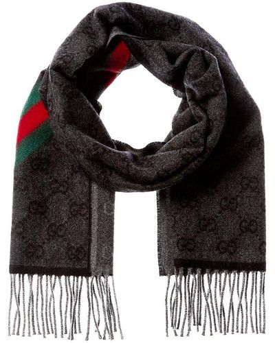 Gucci Logo Jacquard Fringed Wool Scarf - Black