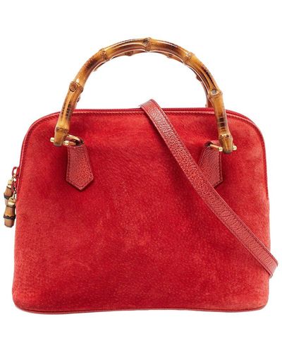 Gucci Leather & Suede Bamboo Handle Satchel (Authentic Pre-Owned) - Red