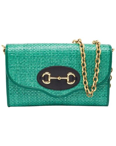 Gucci Leather & Straw Horsebit 1955 Chain Shoulder Bag (Authentic Pre- Owned) - Green