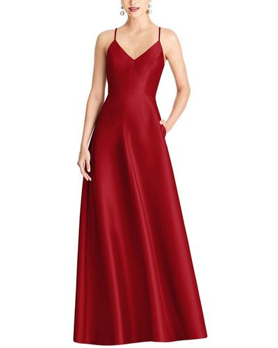 Alfred Sung V-neck Full Skirt Satin Maxi Dress - Red