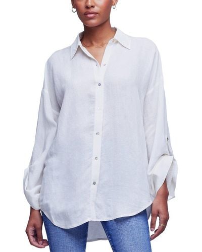 L'Agence Harbor Tab Sleeve Linen-blend Tunic Top - Blue