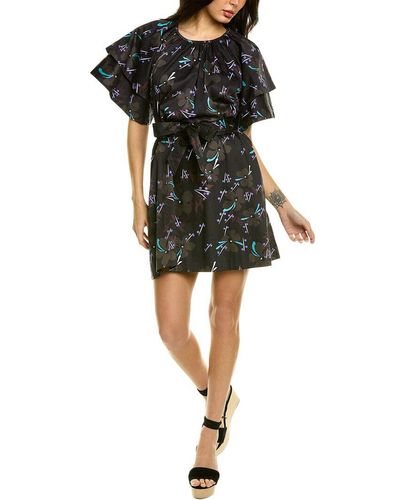 Cynthia Rowley Women's Black Floral Long Sleeve Silk Dress with Ruffle Hem | Size 8