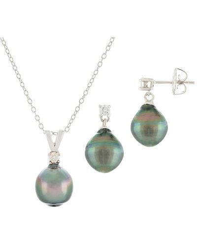 Splendid Silver 9-10mm Tahitian Pearl Earrings & Necklace Set - Green
