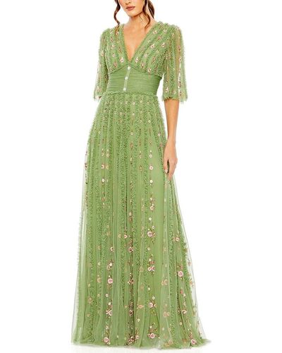 Mac Duggal Floral Ruffle Detail Long V-neck Gown - Green