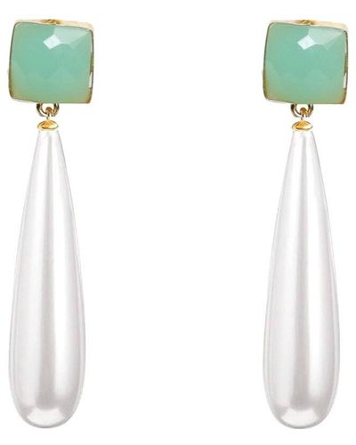 Liv Oliver 18k Plated 35.00 Ct. Tw. Sea Green Chalcedony & 10x30mm Pearl Drop Earrings - White