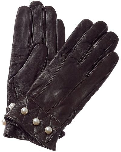 Surell Pearl Detail Leather Gloves - Brown