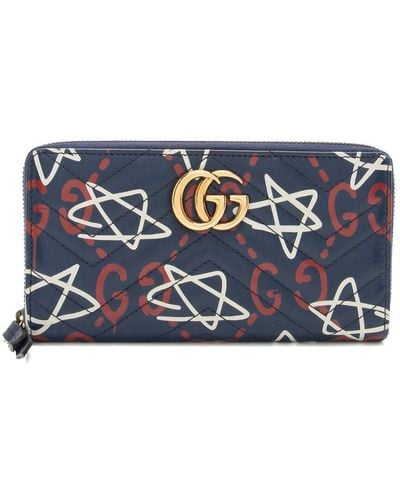 Gucci Leather Gg Marmont Ghost Zip Around Wallet (Authentic Pre-Owned) - Blue