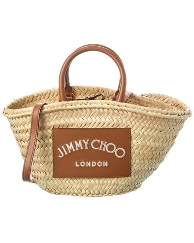 Jimmy Choo Beach Small Raffia & Leather Basket Tote - Metallic