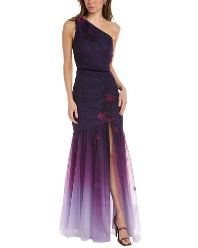 Marchesa notte One-shoulder Floral-appliquéd Dégradé Tulle Gown - Purple