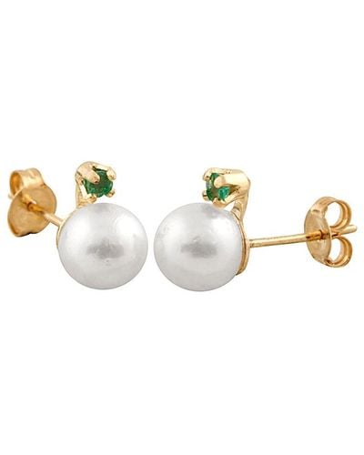 Masako Pearls 14k 0.10 Ct. Tw. Emerald & 7-8mm Akoya Pearl Earrings - Metallic