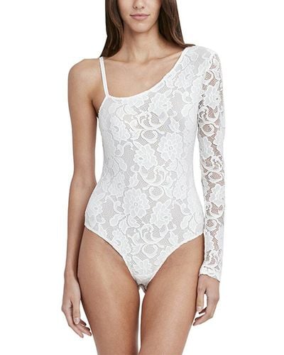 BCBGMAXAZRIA Asymmetrical Neck Lace Bodysuit - White