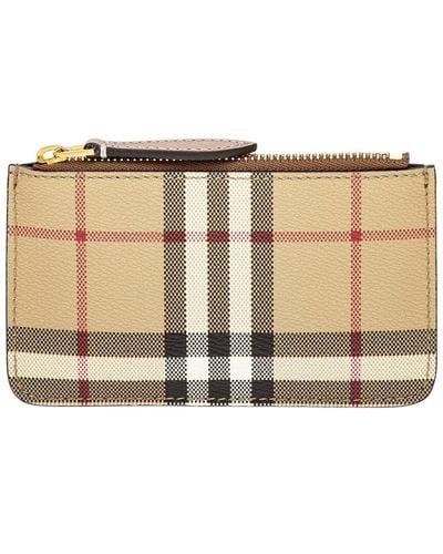 Burberry Check E-canvas & Leather Coin Case With Strap - Natural