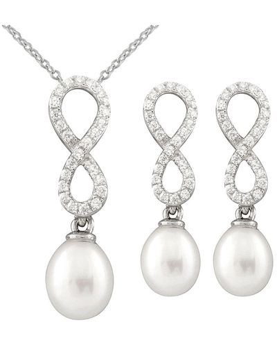 Splendid Silver 7.5-8mm Freshwater Pearl & Cz Earrings & Necklace Set Set - White