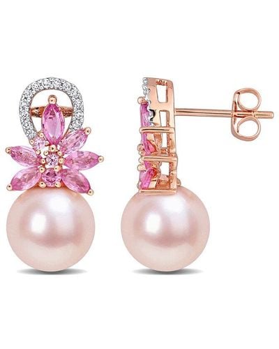 Rina Limor 14k Rose Gold 2.02 Ct. Tw. Diamond & Pink Sapphire 9-9.5mm Pearl Flower Drop Earrings