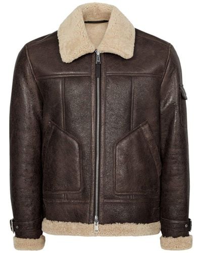 Reiss Castle Shearling Flight Leather Jacket - Black