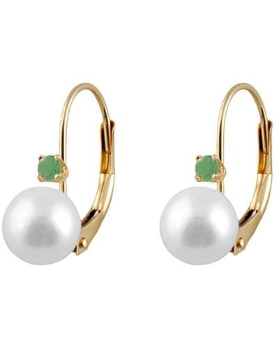 Splendid 14k 0.10 Ct. Tw. Emerald & 7-7.5mm Freshwater Pearl Drop Earrings - Metallic