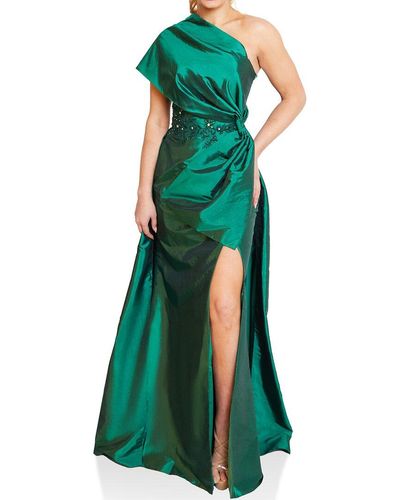 Terani One Shoulder Drape Bow Dress - Green