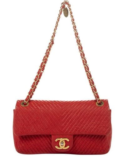 Chanel Quilted Calfskin Leather By Karl Lagerfeld Chevron Single Flap Bag (Authentic Pre-Owned) - Red