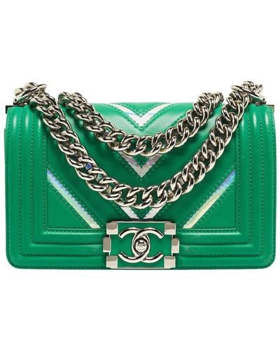 Chanel Leather & Pvc Small Chevron Boy Bag (Authentic Pre-Owned) - Green