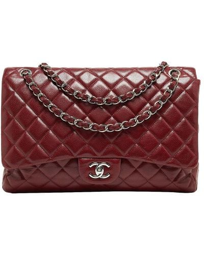 Chanel Quilted Caviar Leather Maxi Classic Single Double Flap Bag (Authentic Pre-Owned) - Red
