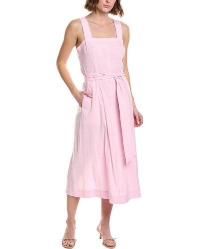 Vince Belted Square Neck Linen-blend Midi Dress - Pink