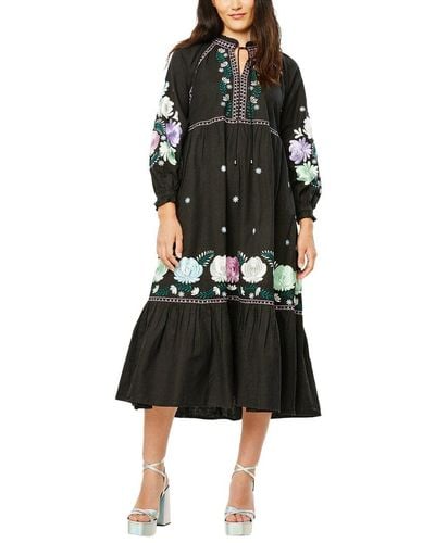 Roberta Roller Rabbit Lucena Embroidered Garnet Linen-blend Dress - Black