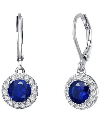 Rachel Glauber Rhodium Plated Cz Drop Earrings - Blue