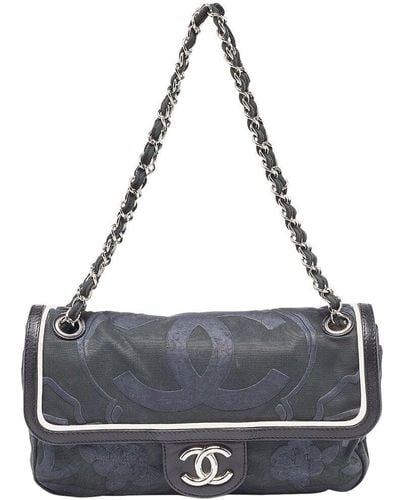 Chanel Canvas & Leather Cc Camellia Embossed East West Double Flap Bag (Authentic Pre-Owned) - Black