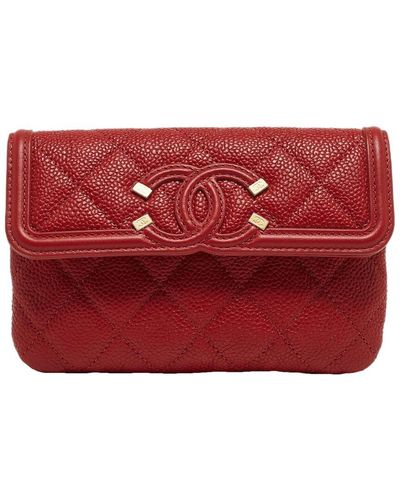Chanel Quilted Caviar Leather Filigree Wallet (Authentic Pre-Owned) - Red
