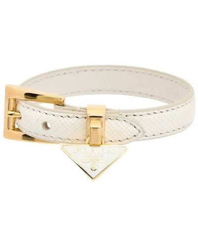 Prada Logo Plated Saffiano Leather Enamel Triangle Charm Bracelet - White