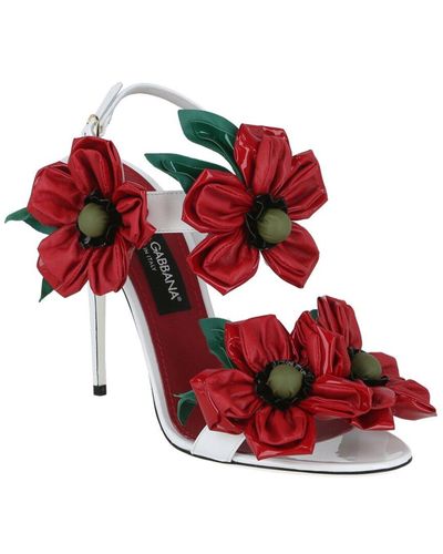 Dolce & Gabbana Floral Embellishment Leather Sandal - Red