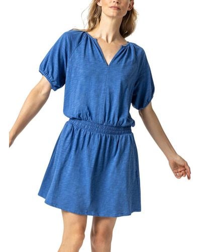 Lilla P Elastic Waist Split Neck Mini Dress - Blue